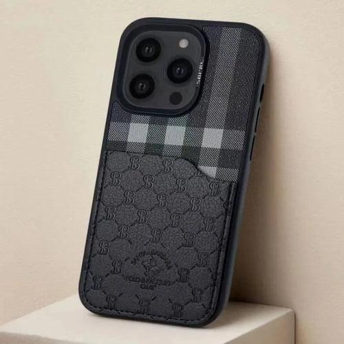 iPhone 14 Cover - Santa Barbara Genuine Leather Card Holder Case Plaid Series