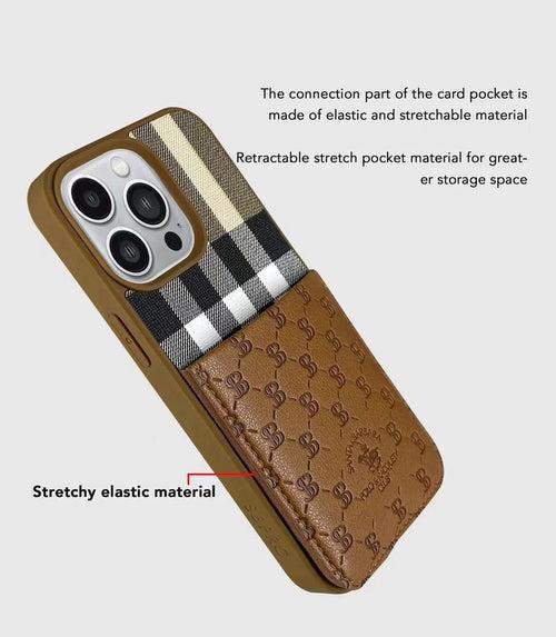 iPhone 14 Pro Cover - Santa Barbara Genuine Leather Card Holder Case Plaid Series