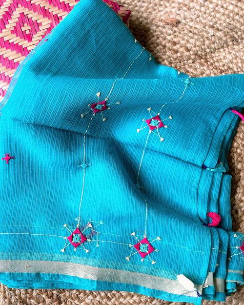 Blue Kota cotton Saree with pink embroidery