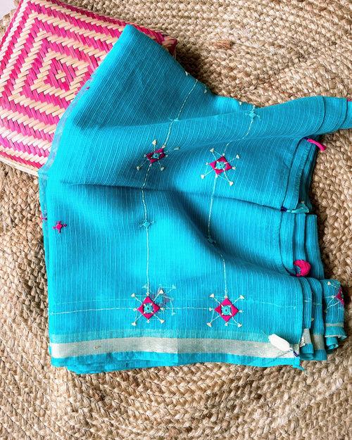 Blue Kota cotton Saree with pink embroidery