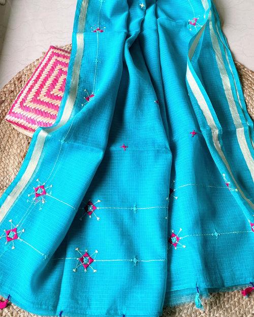 Blue Kota cotton Saree with pink embroidery