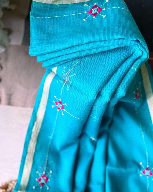 Blue Kota cotton Saree with pink embroidery