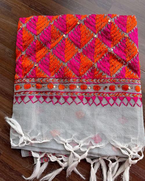 Grey Phulkari embroidery Dupatta