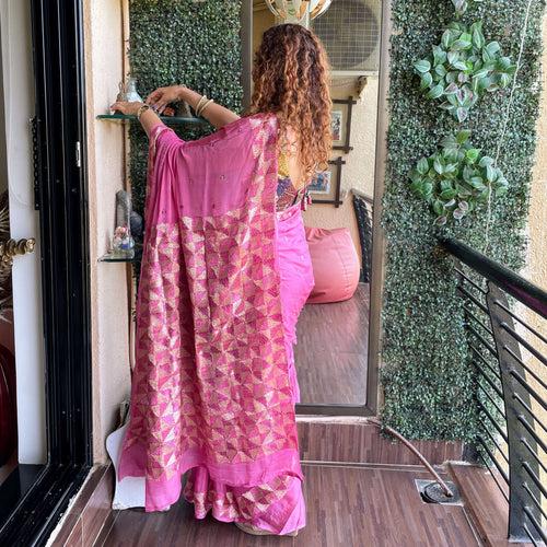 Pink Chinon Phulkari Saree