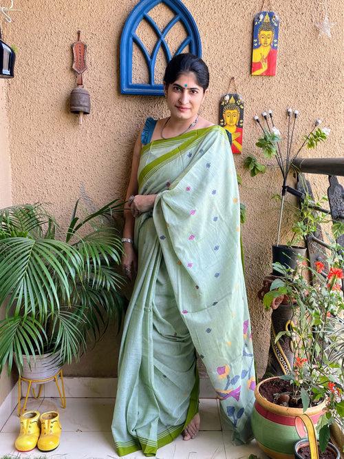 Sage green Jamdani cotton saree