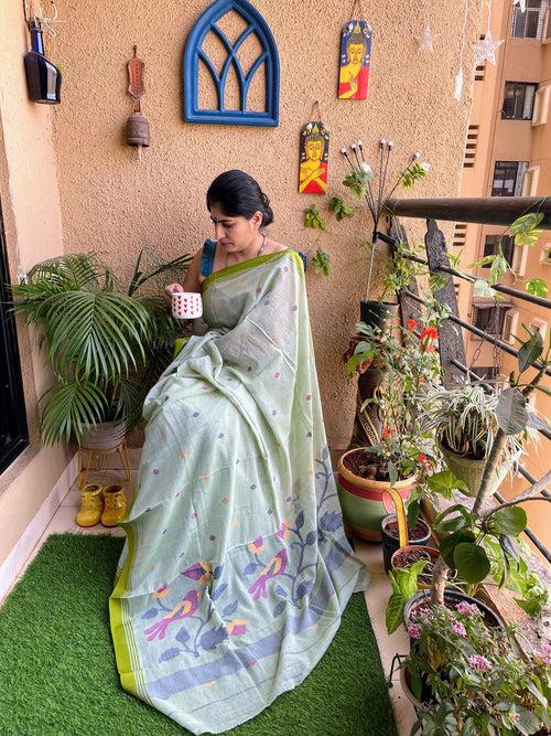 Sage green Jamdani cotton saree