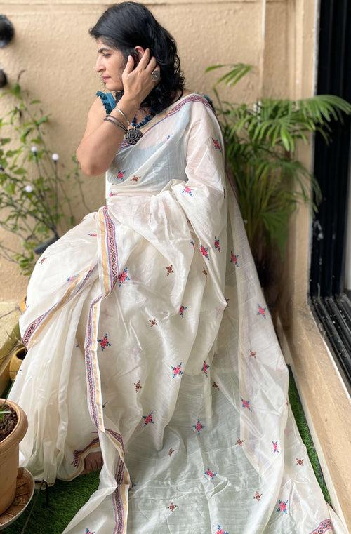 White chanderi Soof Embroidery saree