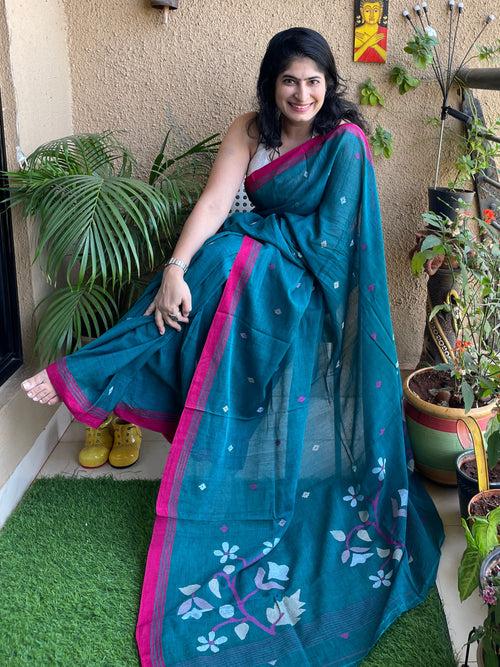 Teal Blue Jamdani cotton saree