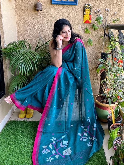 Teal Blue Jamdani cotton saree