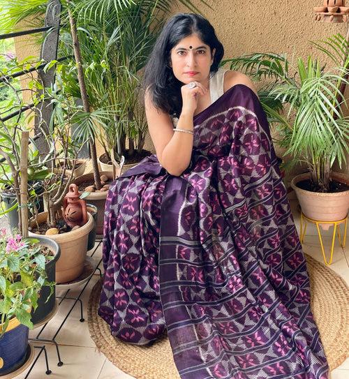 Wine Bandha Ikat Silk Cotton Saree