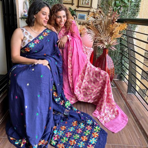 Pink Chinon Phulkari Saree