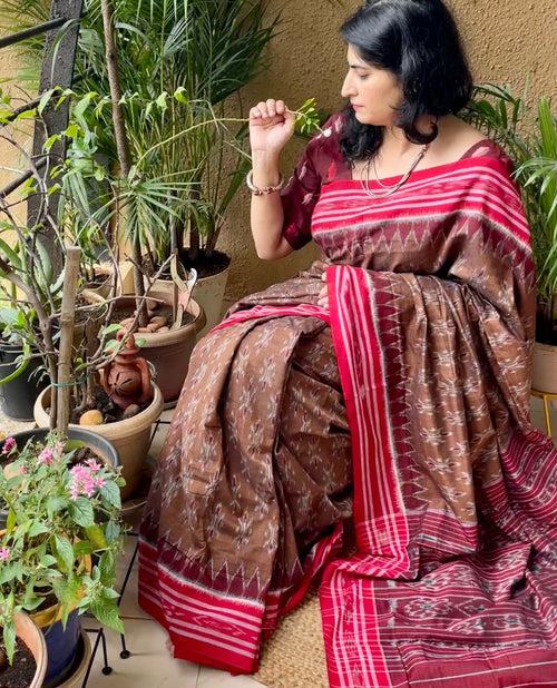 Brown Bandha Ikat Cotton Saree