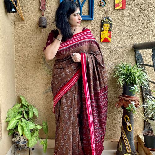 Brown Bandha Ikat Cotton Saree