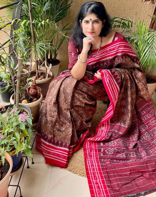 Brown Bandha Ikat Cotton Saree