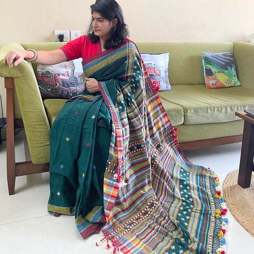 Green Kala Coton Bhujodi Saree