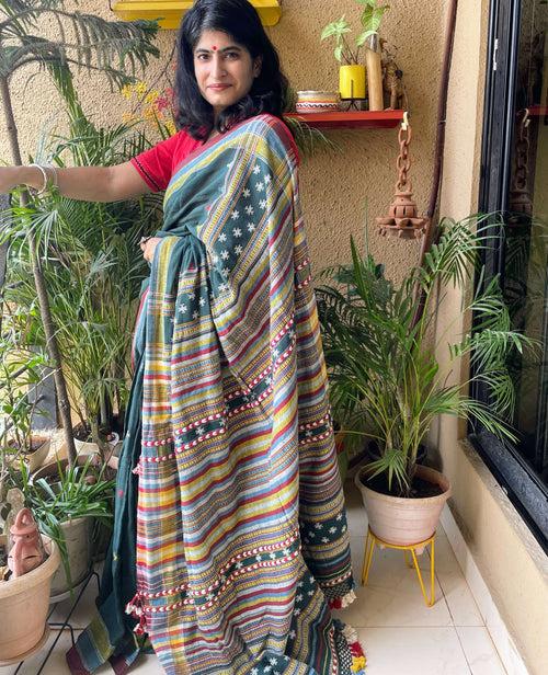 Green Kala Coton Bhujodi Saree