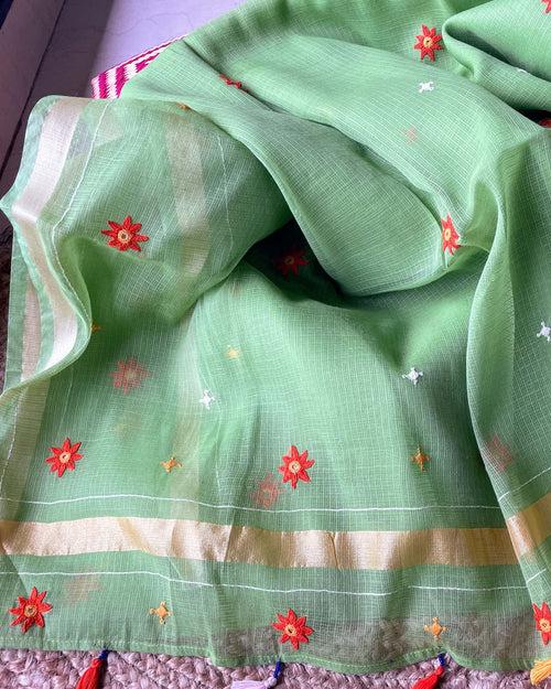 Parrot green Kota cotton embroidered Saree