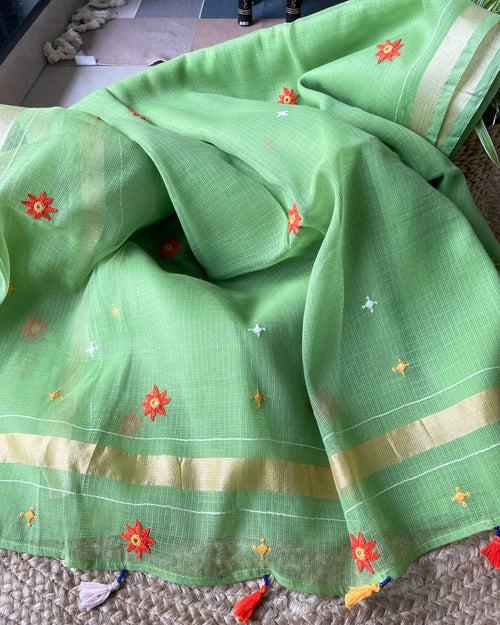 Parrot green Kota cotton embroidered Saree