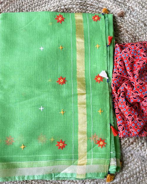 Parrot green Kota cotton embroidered Saree