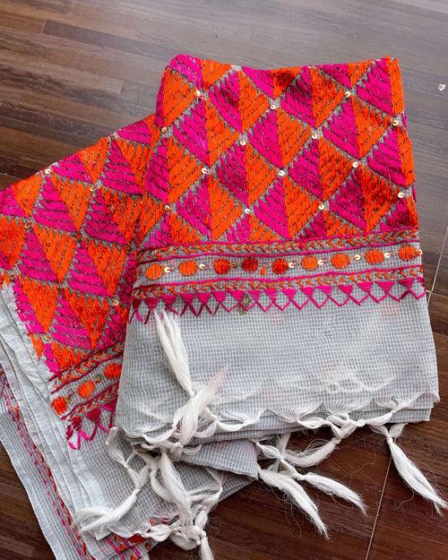 Grey Phulkari embroidery Dupatta