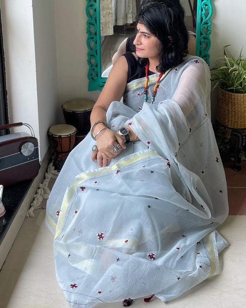 Steel grey Kota embroidered Saree