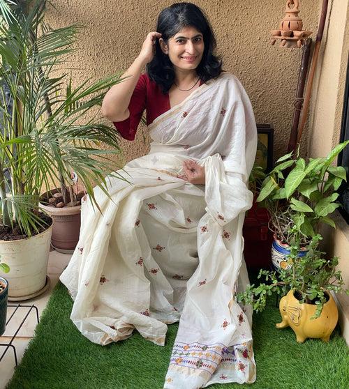 White chanderi Soof Embroidery saree