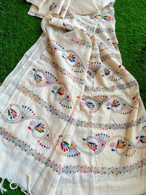 Off White cotton Kantha saree