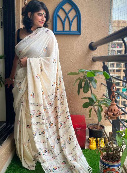 Off White cotton Kantha saree