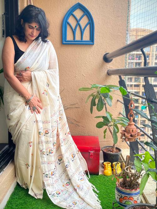 Off White cotton Kantha saree