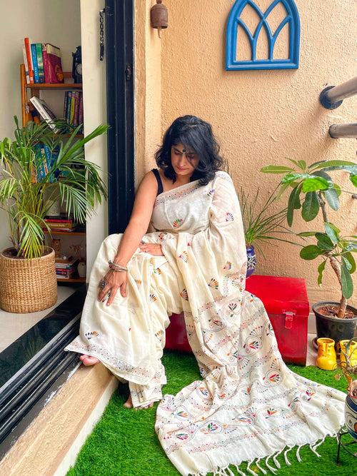 Off White cotton Kantha saree