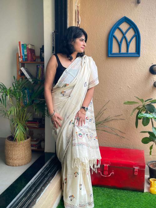 Off White cotton Kantha saree