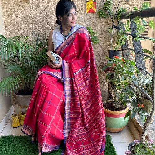 Red Cotton Bhujodi Saree