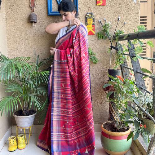 Red Cotton Bhujodi Saree