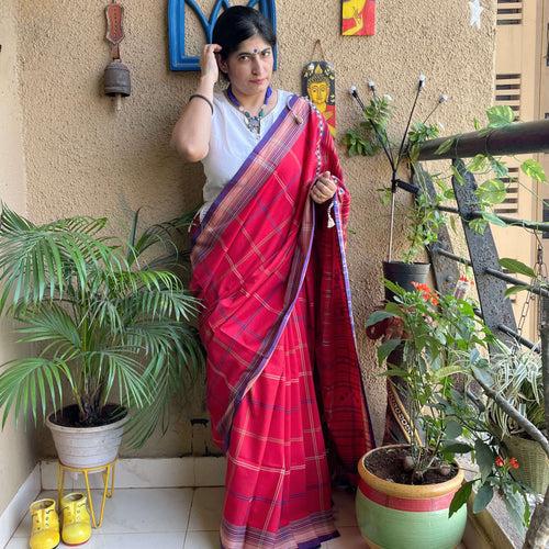 Red Cotton Bhujodi Saree