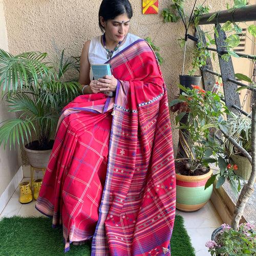 Red Cotton Bhujodi Saree