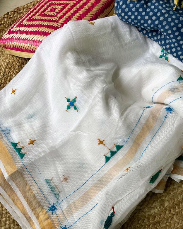 White Kota cotton with blue embroidery