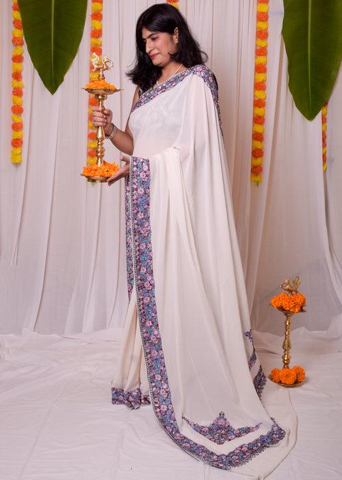 Ivory white Aari work kashmiri saree