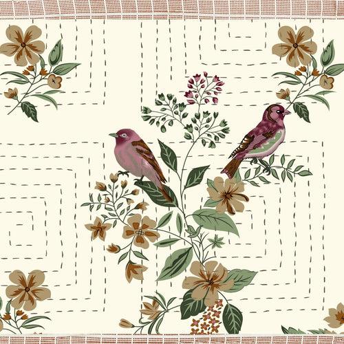 Beige Color Floral Bird Design Bedsheet Set (2 Pillow Cover)