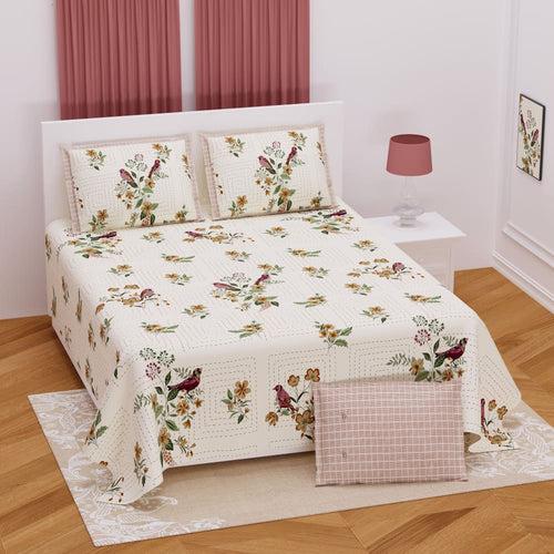 Beige Color Floral Bird Design Bedsheet Set (2 Pillow Cover)