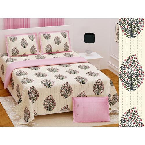 Cream Kantha Pattern Tree Design Bedsheet with Set of 2 Cushion Cover