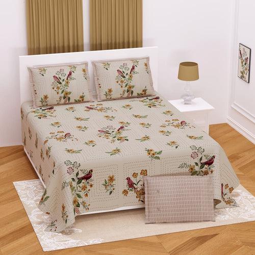 Floral Bird Design Multi Color Bedsheet Set (2 Pillow Covers)