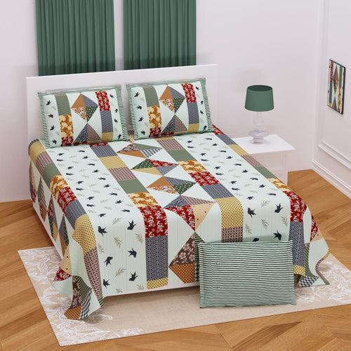 Light Green Bird Design King size Bedsheet Set (2 Pillow Covers)
