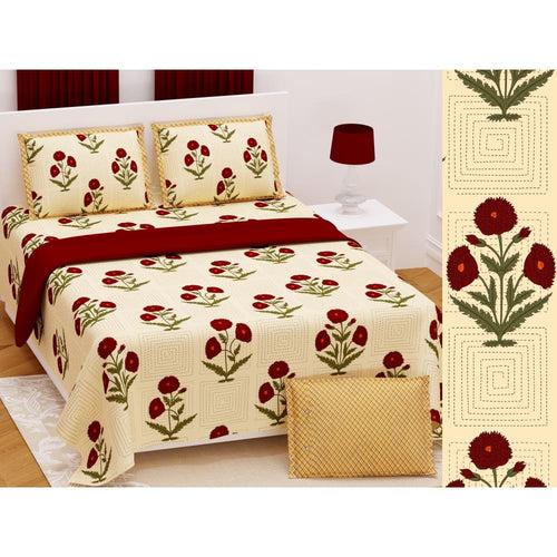 Rose Kantha Pattern Design Bedsheet with Set of 2 Cushion Cover