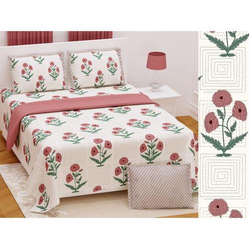 Rose Kantha Pattern Design Bedsheet with Set of 2 Cushion Cover