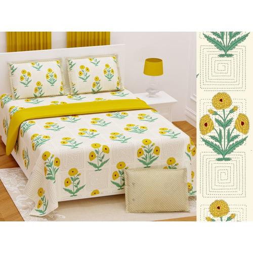 Rose Kantha Pattern Design Bedsheet with Set of 2 Cushion Cover