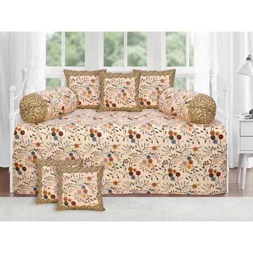 Tan Floral Design Diwan Set (5 Cushion Cover + 2 Bolster Cover )