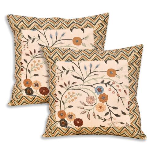 Tan Floral Design Diwan Set (5 Cushion Cover + 2 Bolster Cover )