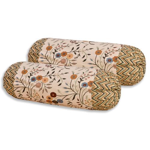 Tan Floral Design Diwan Set (5 Cushion Cover + 2 Bolster Cover )