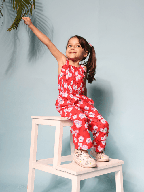 Floral Bloom Girls' Red Jumpsuit