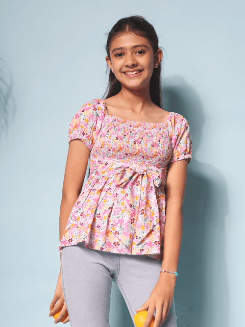 Pink Petals Girls' Smocked Printed Top